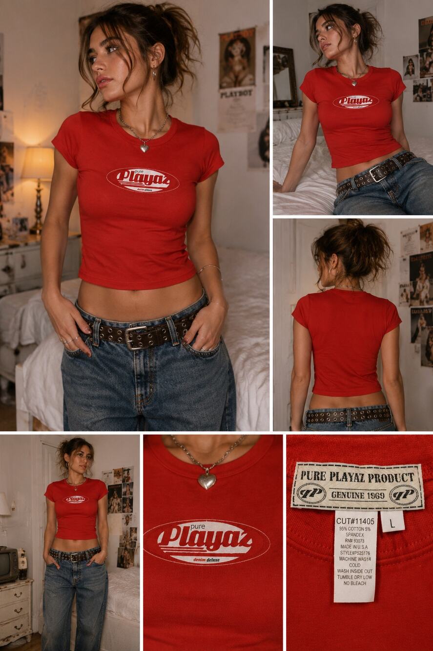 Vintage Pure Playaz Baby Tee Red Logo Y2K Fitted Stretch Top Made USA Large